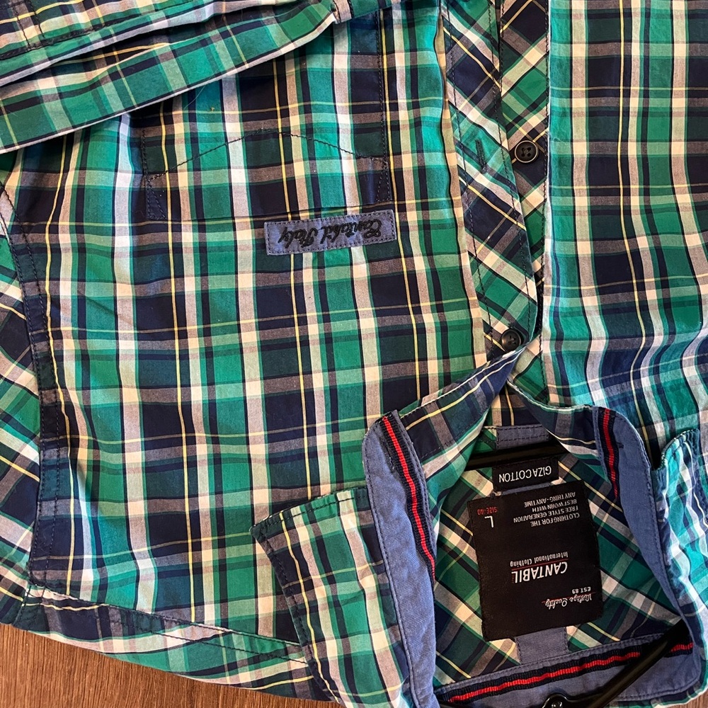 Cantabil Men’s Shirt Size L Lightweight button down shirt blue green white